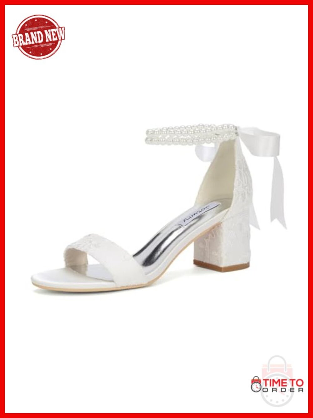 Pearl Block Heel Wedding Sandals Open Toe Lace Bridal Shoes